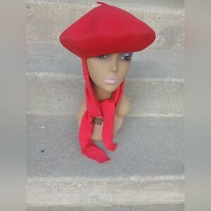 Vintage 1980s Red wool beret with attached scarf deadstock never worn
